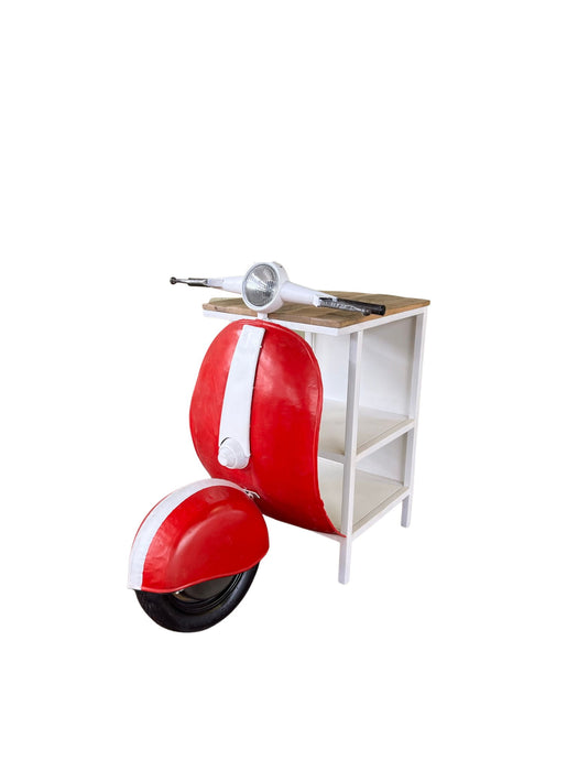 Red and off-white novelty scooter accent cabinet with two open shelves, designed by HomeRoots for stylish storage.