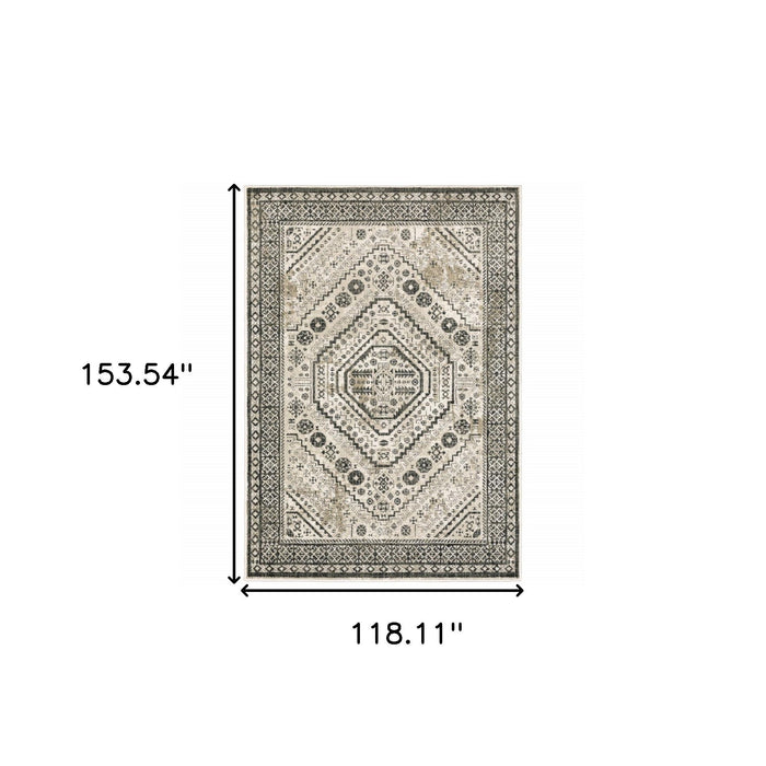 10' x 13' Oriental Power Loom Stain Resistant Area Rug - Ivory Gray Black And Ivory