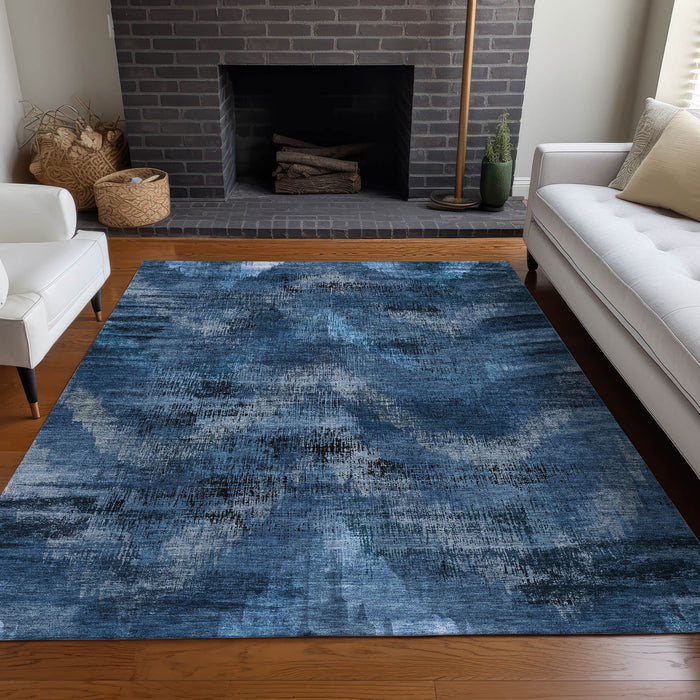10' X 14' Abstract Washable Area Rug With UV Protection - Blue And Charcoal
