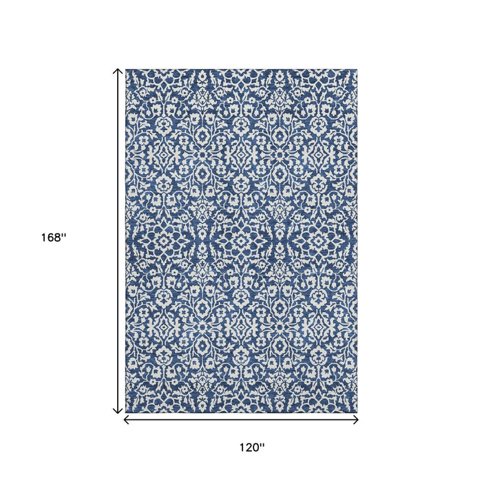 10' X 14' Damask Washable Area Rug With UV Protection (673151) - Navy Blue / Ivory