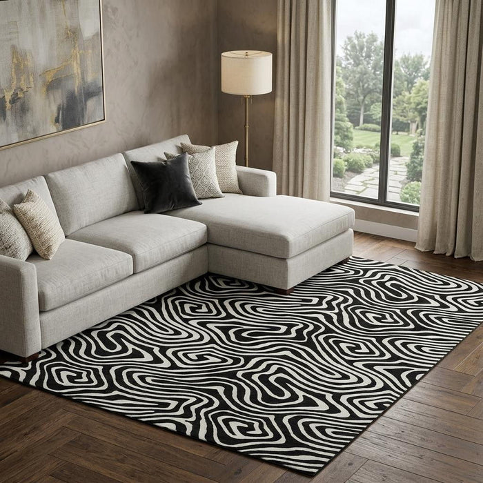 10' X 14' Abstract Washable Area Rug With UV Protection (680073) - Black / Ivory