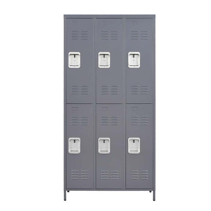 Gray Giga 6-door lockers with locks, ideal for employee storage, gym, office, school, or garage organization.