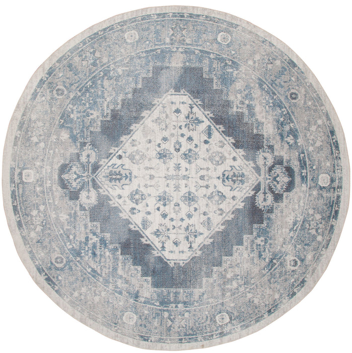 4' Oriental Distressed Round Rug (573775) - Charcoal / Blue / Ivory