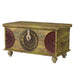HomeRoots carved wooden trunk coffee table in green and red with intricate detailing, perfect for living room decor.