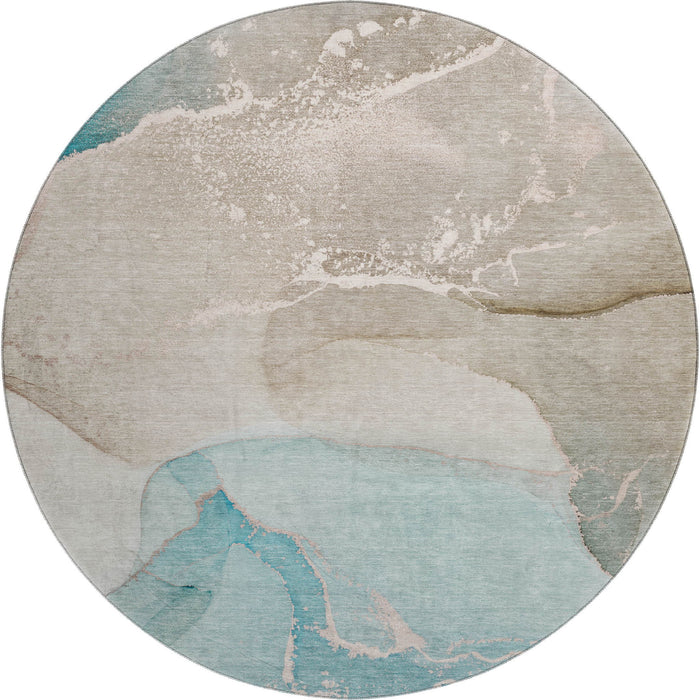 8' Abstract Washable Round Rug With UV Protection (647215) - Teal / Beige / Ivory