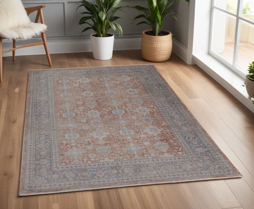 5' x 7' Oriental Power Loom Worn Faded Area Rug With Fringe - Blue And Red