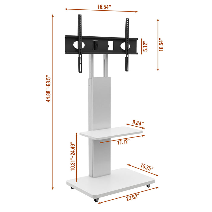 White Giga mobile TV stand with shelf and lockable wheels, ideal for living room, bedroom, or office setups.