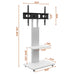 White Giga mobile TV stand with shelf and lockable wheels, ideal for living room, bedroom, or office setups.