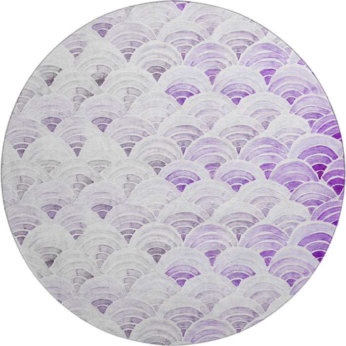 8' Geometric Washable Round Rug With UV Protection (645795) - Purple / Ivory / Gray
