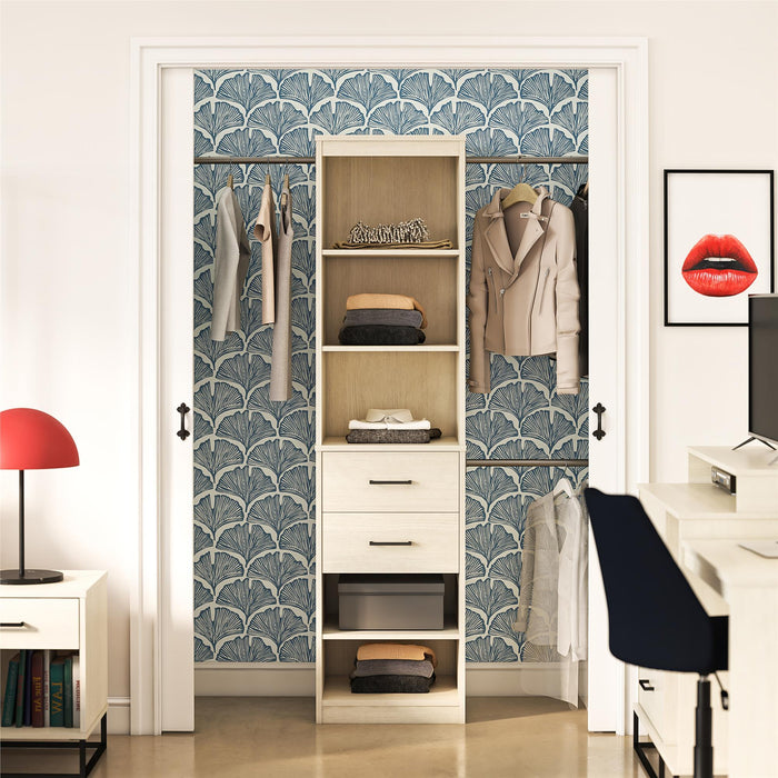 Giga Kelly 5-shelf closet organizer with 2 drawers and 3 adjustable hanging rods in ivory, designed for efficient wardrobe storage.