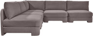 Meridian Furniture Hammond velvet performance fabric 5-piece armless sectional sofa, stationary design with plush upholstery.