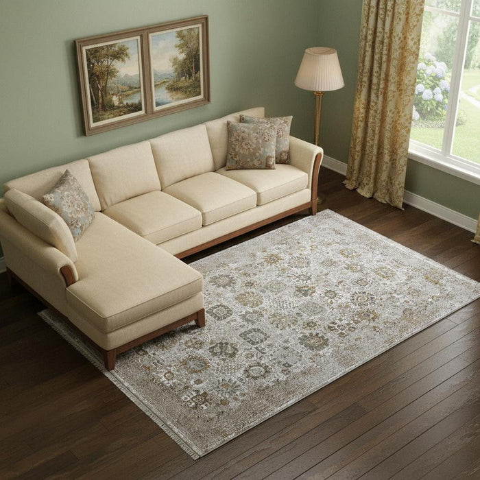 11' X 14' Floral Area Rug With Fringe (722064) - Ivory / Gray / Gold