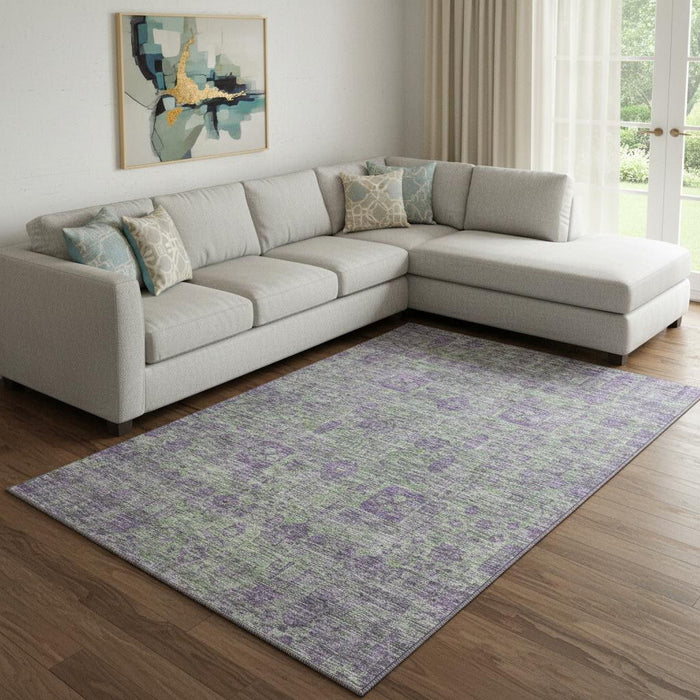 8' X 10' Floral Washable Area Rug With UV Protection (653378) - Fern Green / Purple