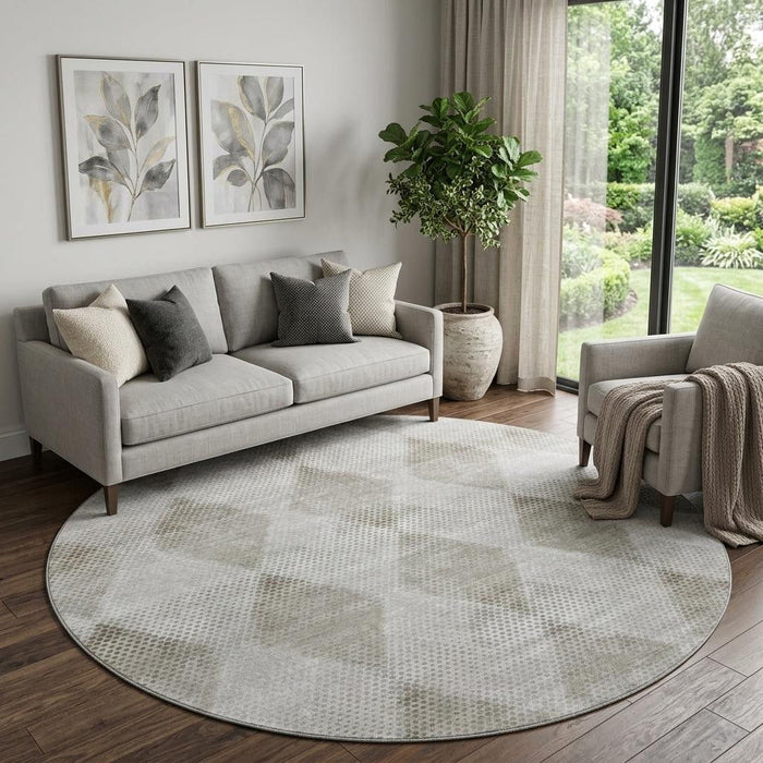 8' Geometric Washable Round Rug With UV Protection (648187) - Gray / Ivory