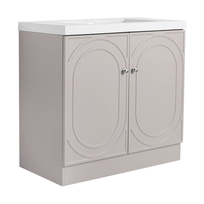 Giga contemporary freestanding bathroom vanity with resin sink and soft-close cabinet doors, modern design, white finish, in a bathroom setting.