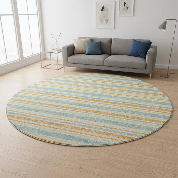 8' Striped Washable Round Rug With UV Protection (647845) - Orange / Green / Blue