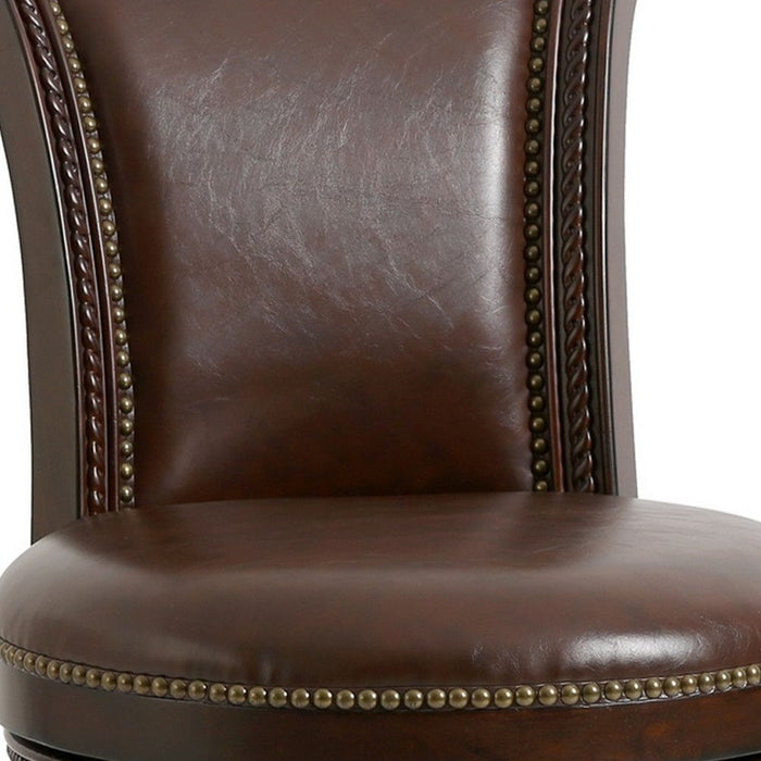 Faux Leather And Solid Wood Swivel Counter Height Bar Chair - Dark Brown
