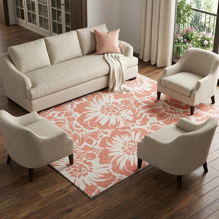 8' X 10' Floral Washable Area Rug With UV Protection (648698) - Salmon / Ivory