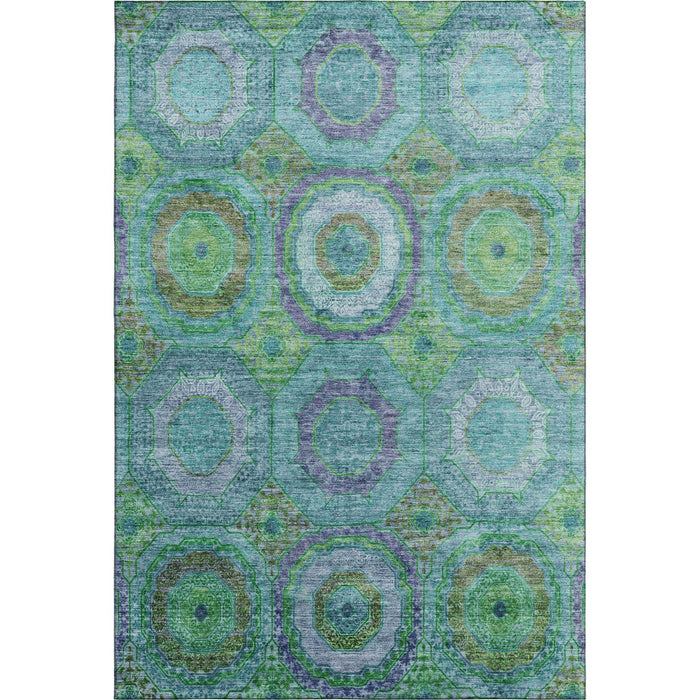10' X 14' Geometric Washable Area Rug With UV Protection (716515) - Teal / Lime Green