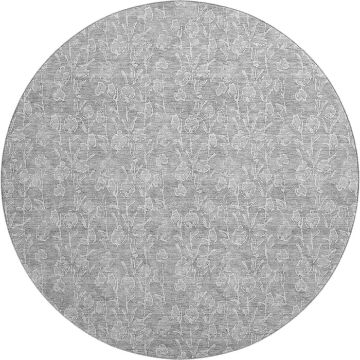 8' Floral Washable Round Rug With UV Protection (656421) - Silver / Ivory