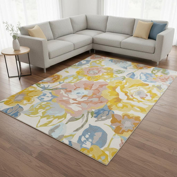 8' X 11' Botanical Leaves Area Rug (660057) - Yellow / Blue / Pink