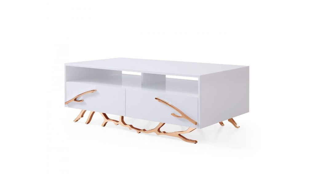 Rectangular Coffee Table With Two Drawers And Two Shelves - Rosegold And White