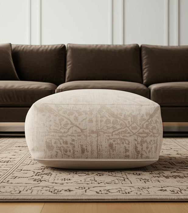 Chenille Damask Pouf Ottoman - Beige / Cream