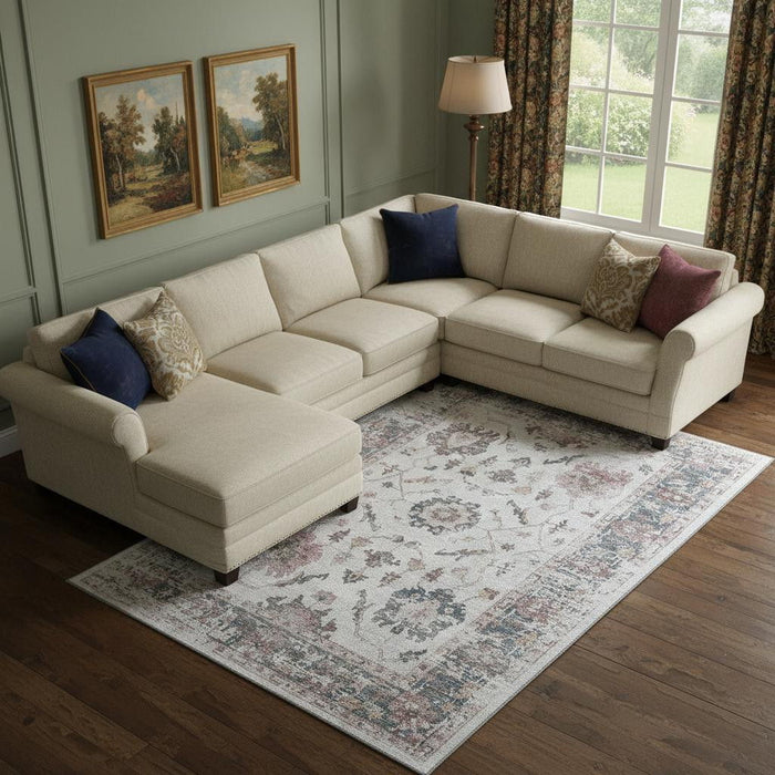 10' X 14' Oriental Washable Area Rug With UV Protection (709866) - Blush / Ivory / Denim Blue