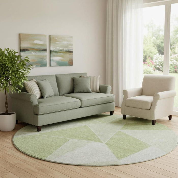 8' Geometric Washable Round Rug With UV Protection (653275) - Artichoke Green / Ivory