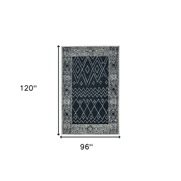 8' X 10' Wool Southwestern Hand Hooked Area Rug - Charcoal And Ivory