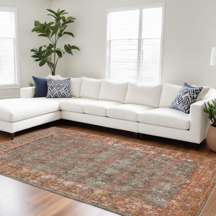 9' x 12' Medallion Power Loom Worn Faded Area Rug - Teal And Orange