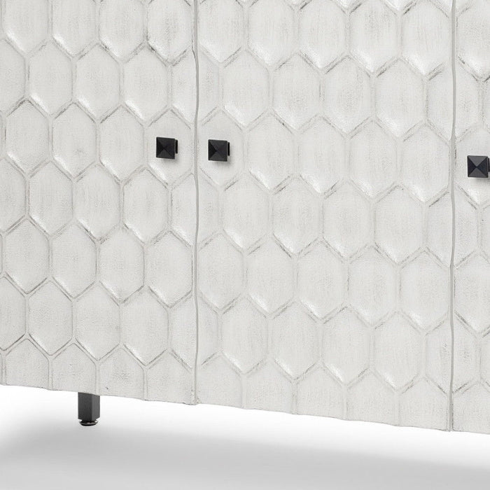 Gray and white 47-inch wood and metal carved geometric accent cabinet with three doors, modern HomeRoots design.
