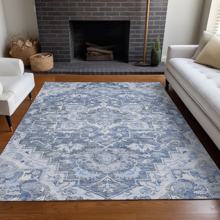 10' X 14' Floral Medallion Washable Area Rug With UV Protection - Denim Blue