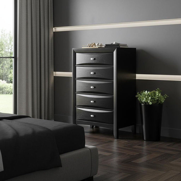 Solid Wood Mirrored Five Drawer Dresser - Black