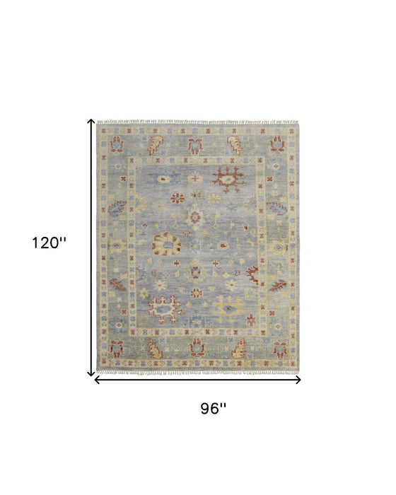 8' x 10' Wool Floral Hand Knotted Area Rug With Fringe - Light Blue And Taupe