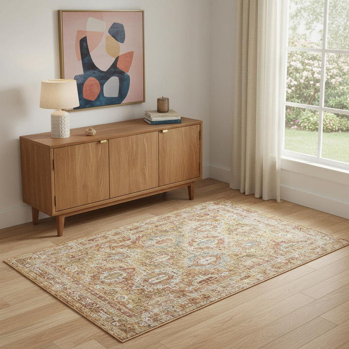 4' X 6' Geometric Distressed Area Rug (553103) - Rust / Ivory / Blue