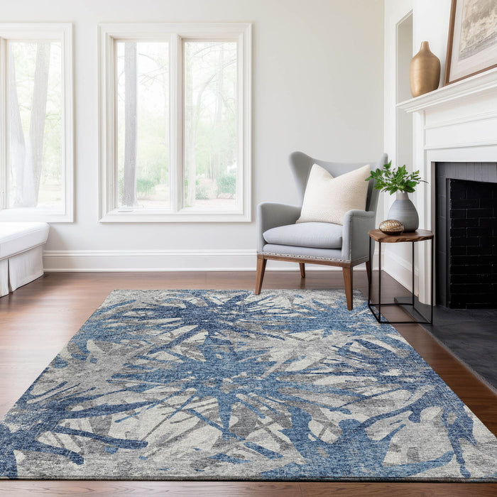 10' X 14' Abstract Washable Area Rug Polyester With UV Protection - Blue / Gray