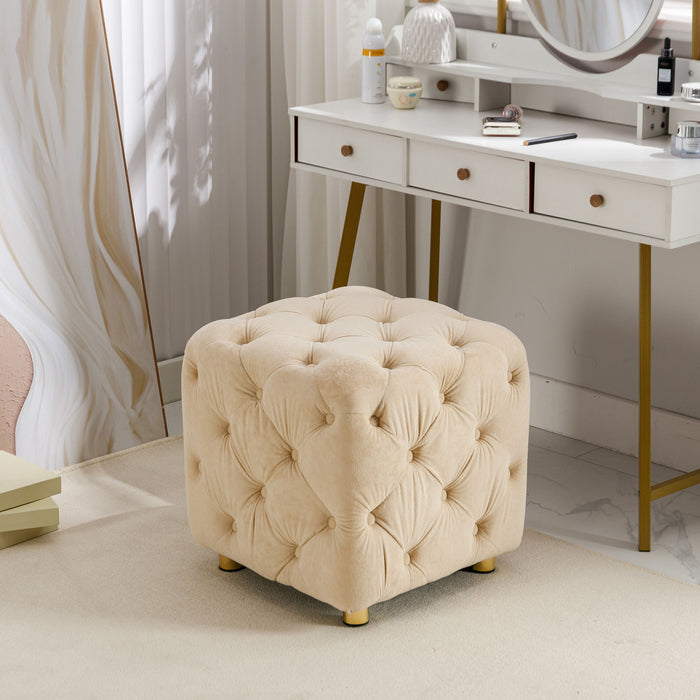 Giga upholstered ottoman serving as small end table and foot stool, soft padded seat for living room, bedroom, or entrance.