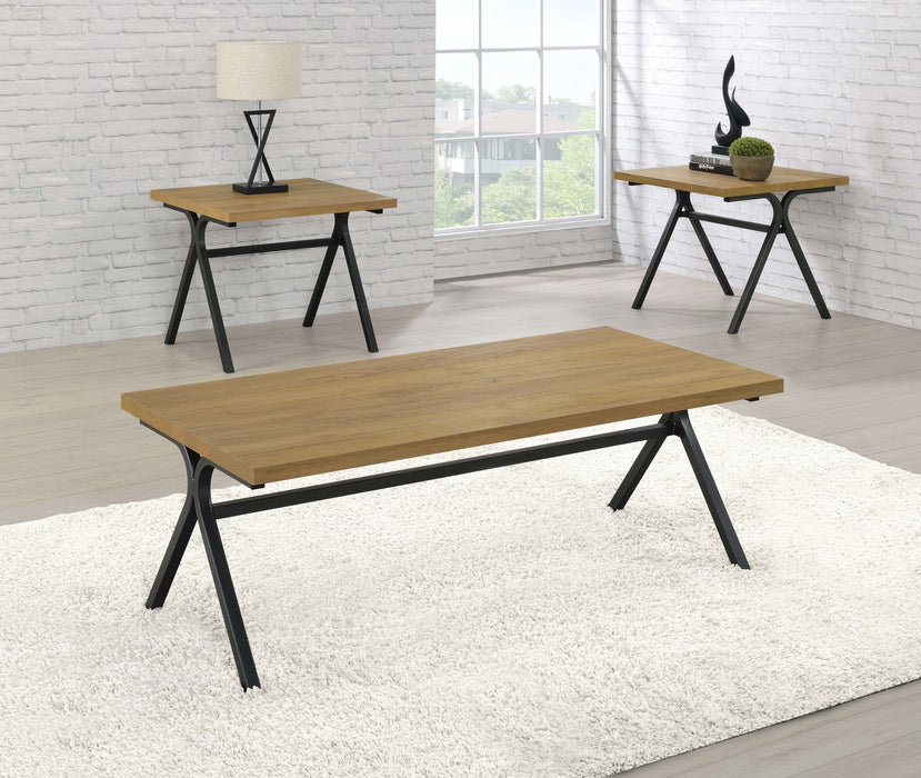 Colmar 3-piece engineered wood coffee table set by CoasterEssence in golden oak finish