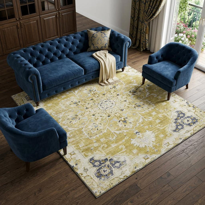 10' X 14' Floral Medallion Distressed Washable Area Rug With UV Protection (644538) - Gold / Ivory / Blue