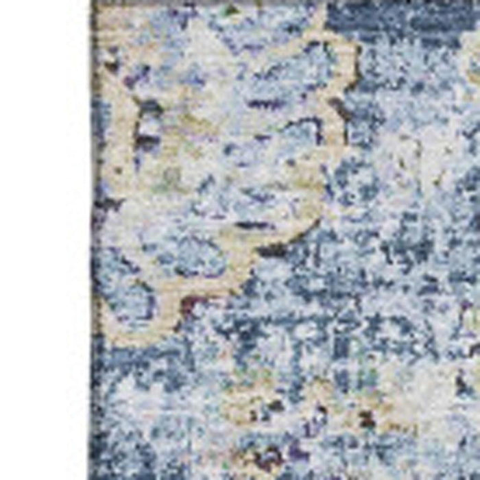 10' X 14' Floral Washable Area Rug With UV Protection (653188) - Blue / Ivory / Gold