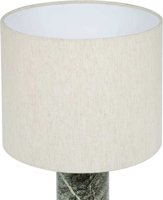 Meridian Furniture Titan textured fabric table lamp with a sleek design and neutral-colored shade on a wooden surface.