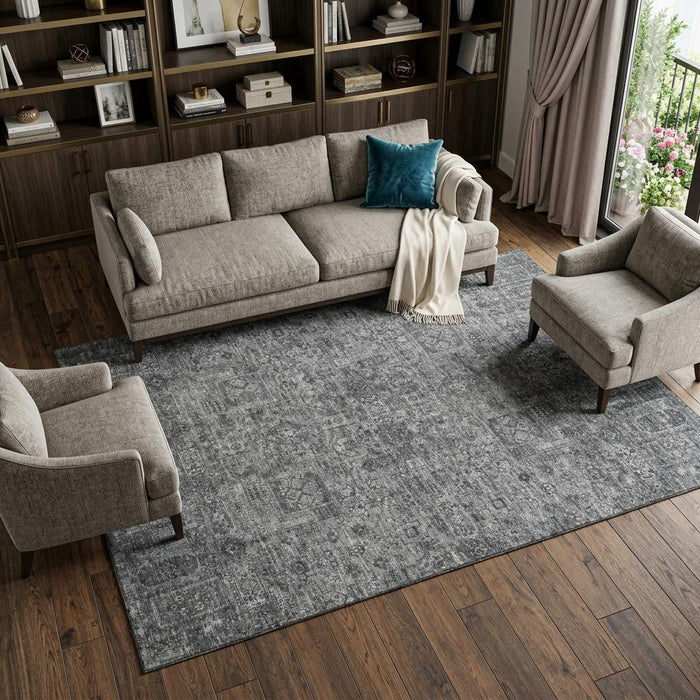 10' X 14' Floral Washable Area Rug With UV Protection (651172) - Charcoal / Silver
