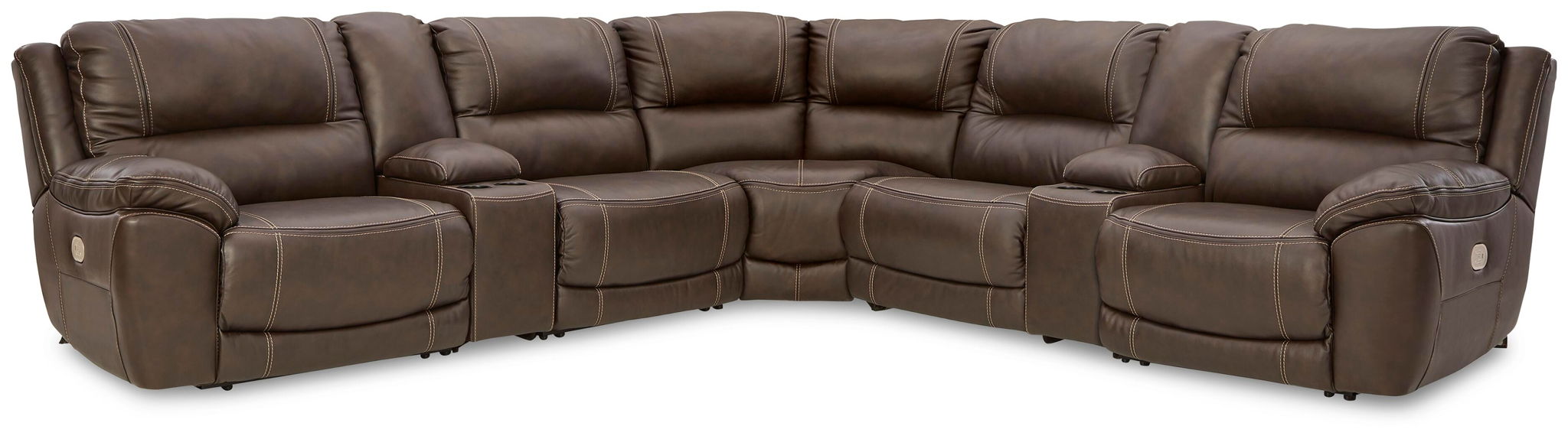 Dunleith Signature Design by Ashley® power reclining sectional with plush cushions and dark brown leather upholstery.