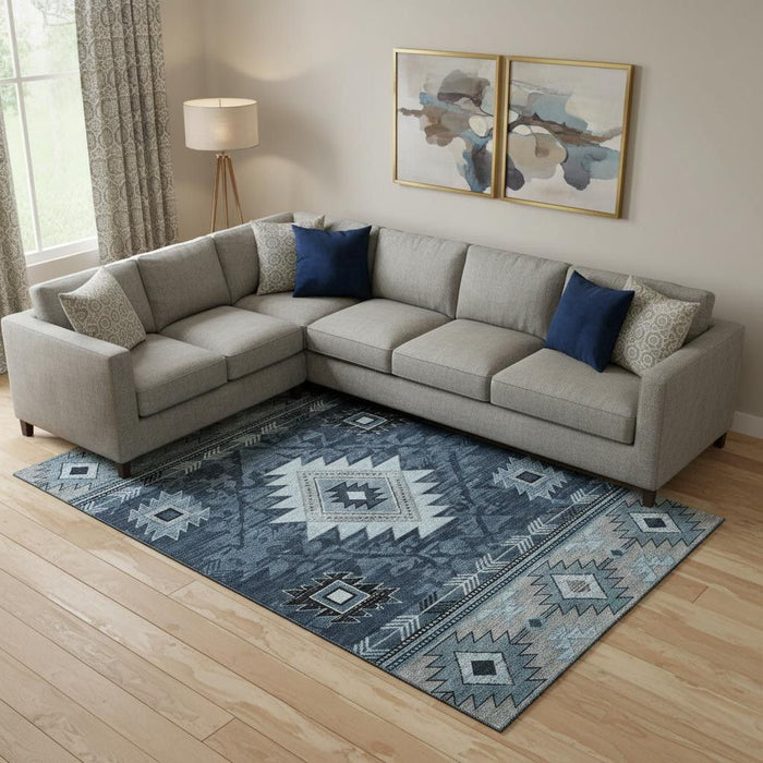 10' X 14' Geometric Washable Area Rug With UV Protection (700247) - Blue / Charcoal / Gray