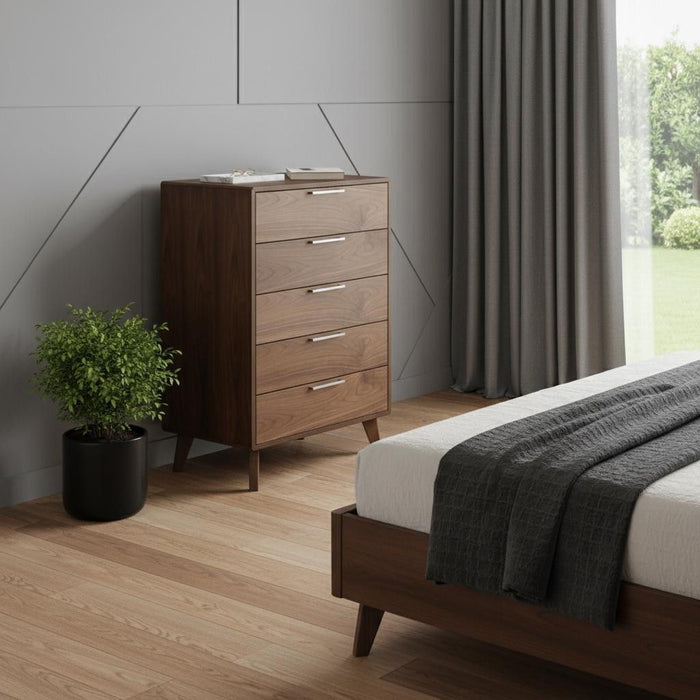 Solid Wood 5 Drawer Chest - Walnut