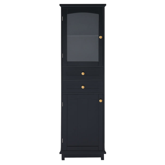 Giga tall linen cabinet with glass doors, two drawers, adjustable shelves, free-standing design, painted finish, ideal for bathroom storage
