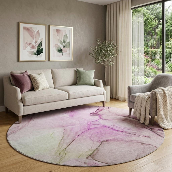 8' Abstract Washable Round Rug With UV Protection (646641) - Pink / Ivory