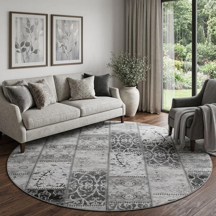 8' Patchwork Distressed Washable Round Rug With UV Protection (649567) - Gray / Ivory