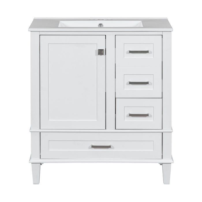 Giga modern bathroom vanity with sink, solid wood frame, soft-close door, and three drawers for stylish bathroom storage.